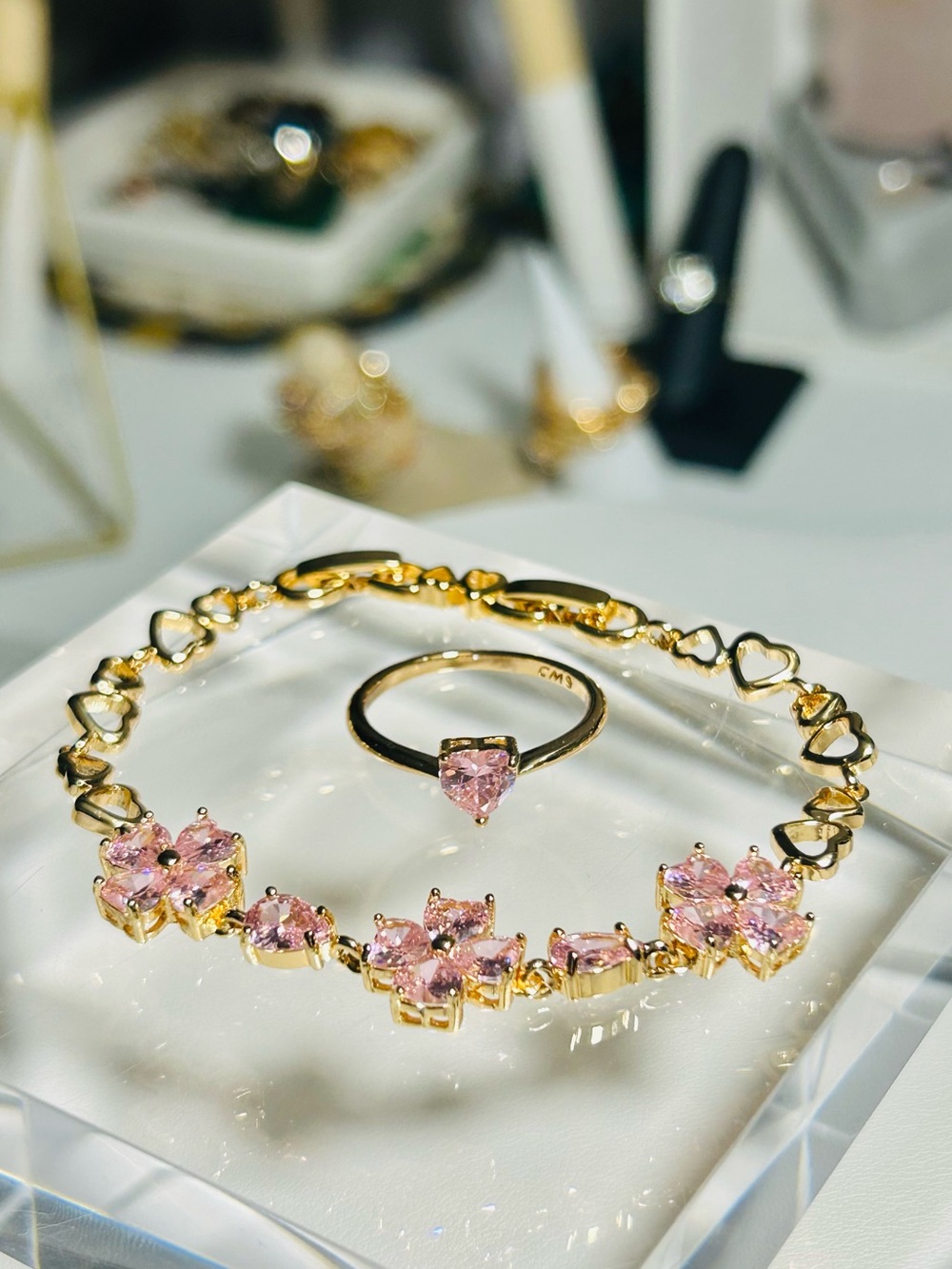 18K Rose Gold Plated Pink Heart Ring & Floral Crystal CZ Bracelet Set